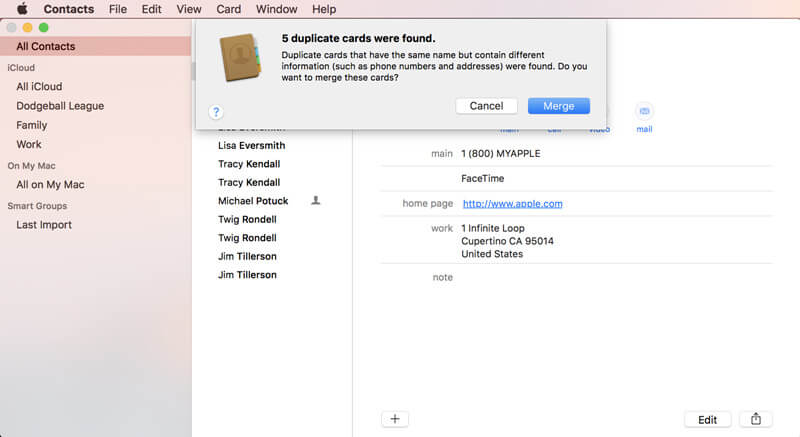 merge/remove duplicate contacts on macos 10.14