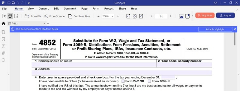 Irs Form 4852 For 2020 Fill Online Printable Fillable Blank