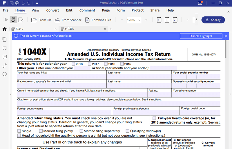 Irs Form 1040x Fill It To Amend Your Income Tax Return 4563