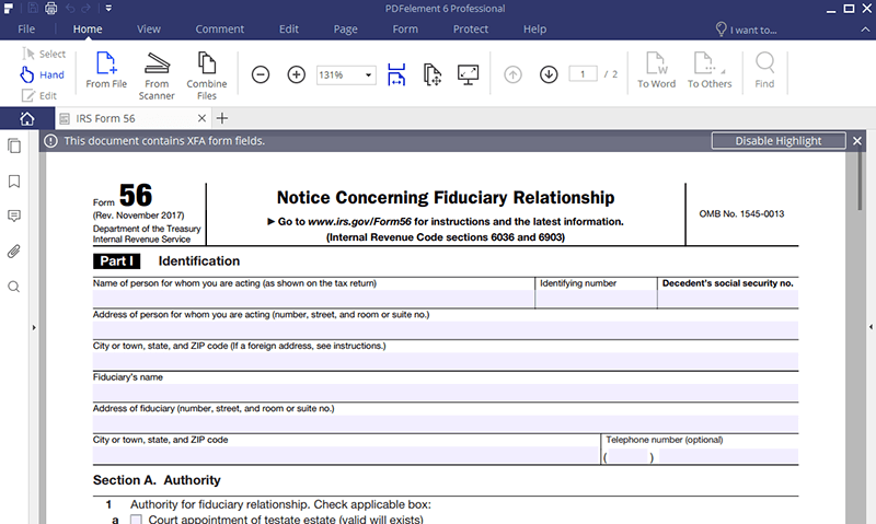 Fillable Irs Form 56 - Printable Forms Free Online