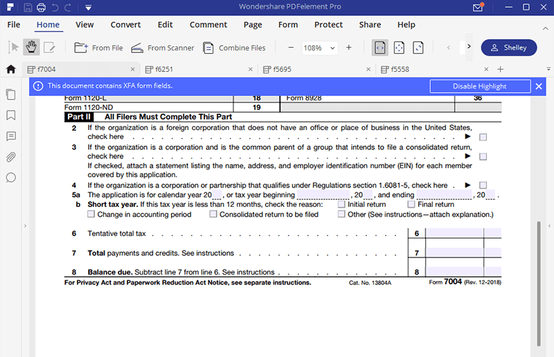 for How to Fill in IRS Form 7004