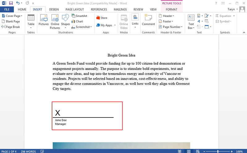 how to add signature line in word