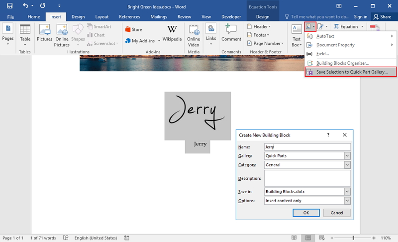 how to use quick parts to insert file name in word