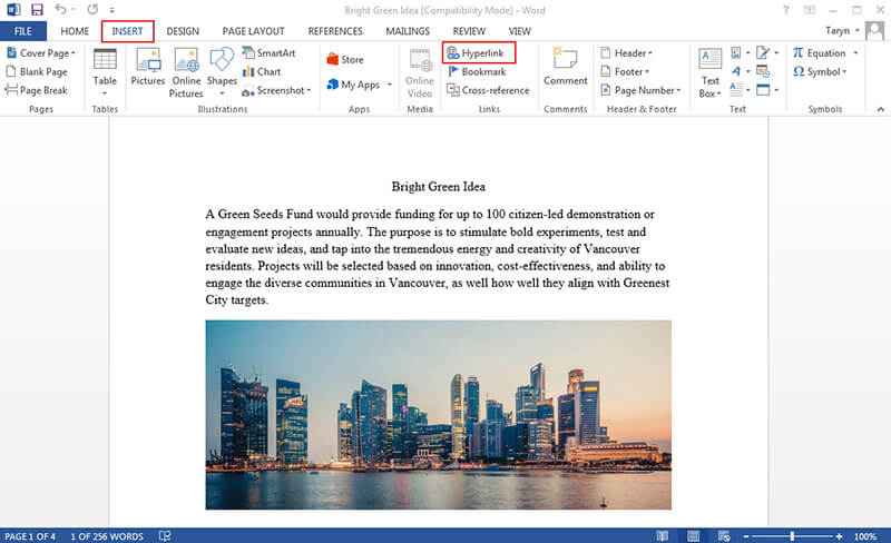 how to create a hyperlink in word 2013