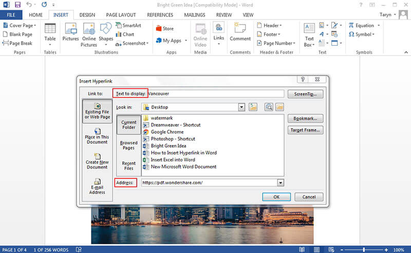 create a hyperlink in word that will in pdf