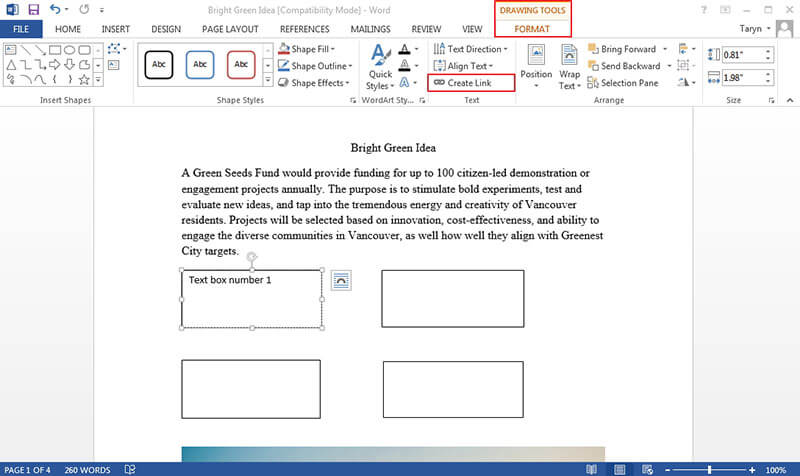 linking text boxes in word