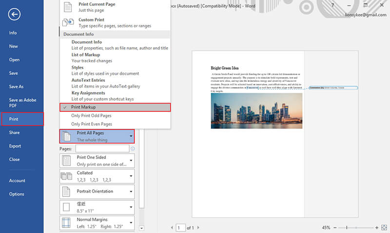 will microsoft word print comments