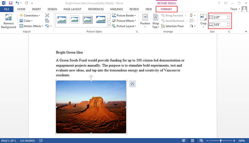 how to resize picture in word