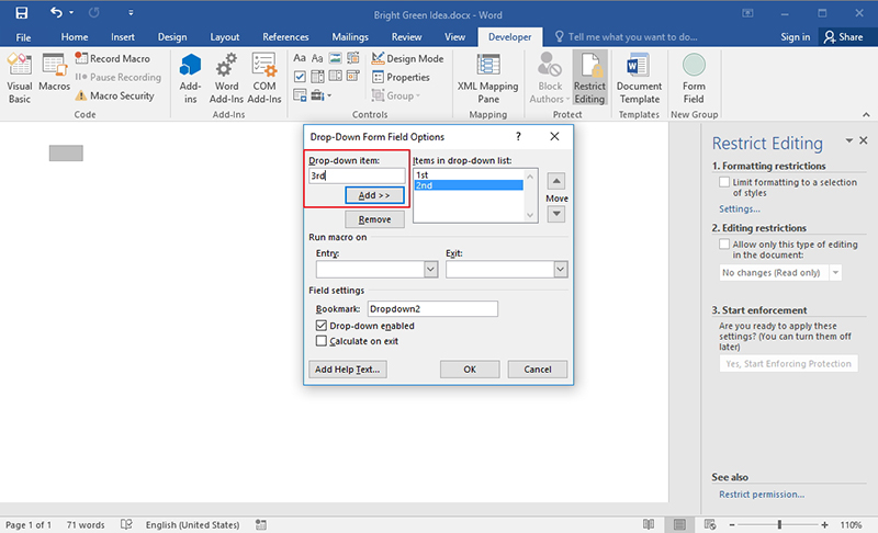 microsoft word content control edit drop down